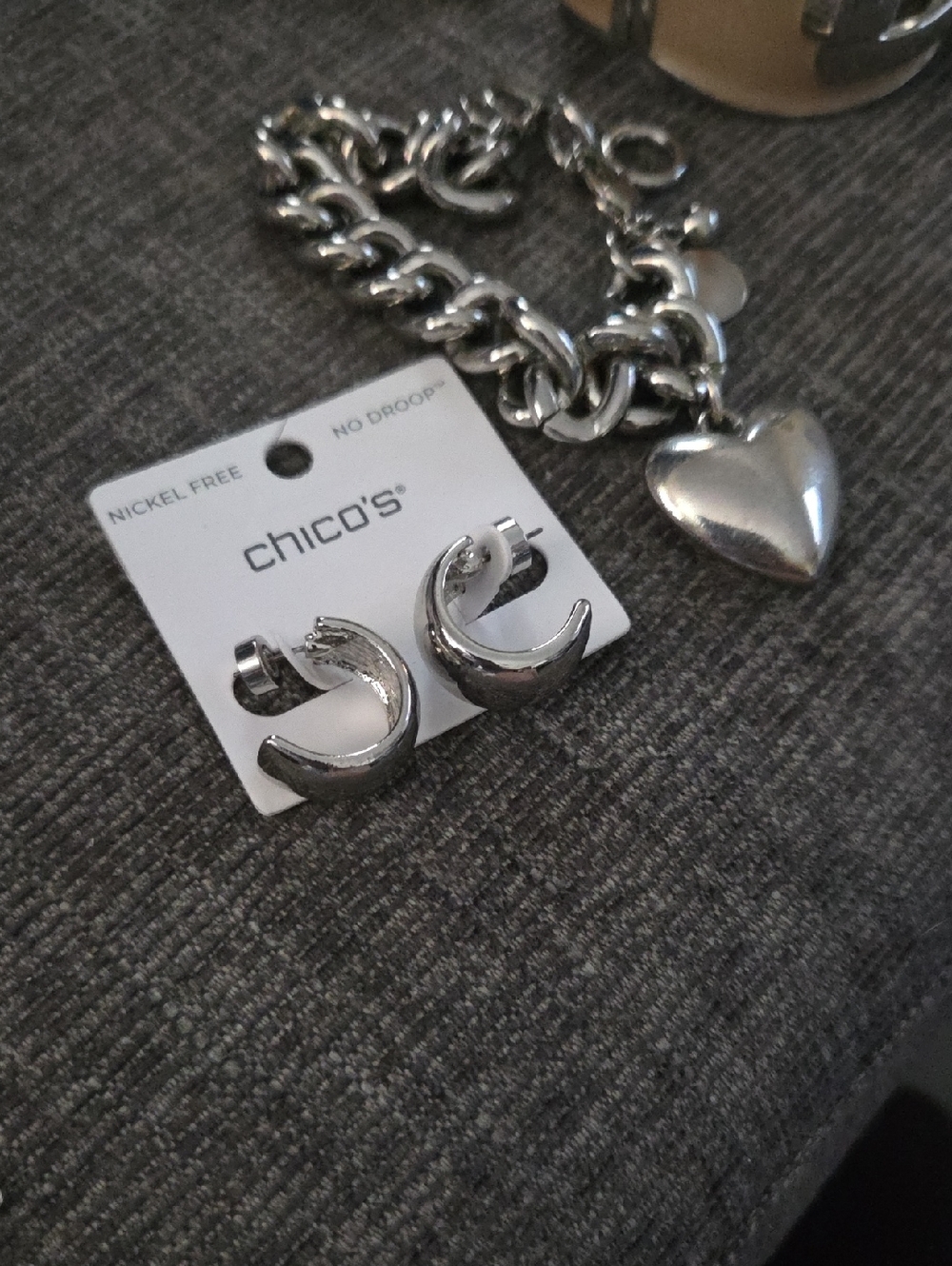 Chico's Silver-Tone Heart Charm Bracelet with Crescent Hoop Earrings
